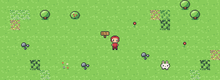 the meadow you wake in: a sign, tall grass, stones, a tree, and you