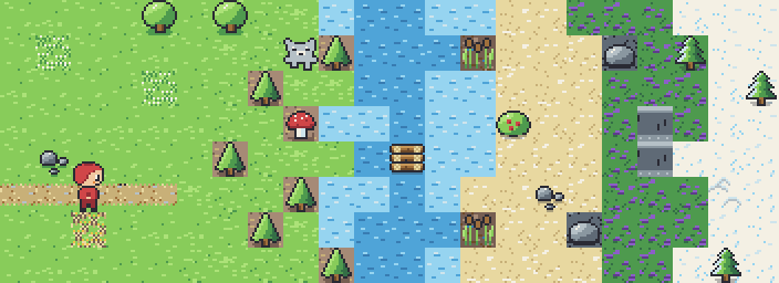 the world, left to right: meadow, forest, water, coast, moor, snow