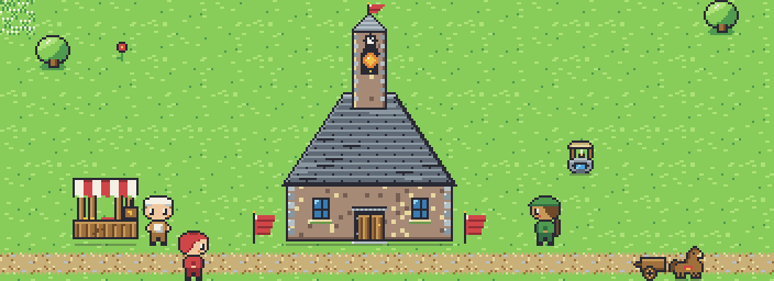 a town: the hall, banners, a stall, three players, a cart